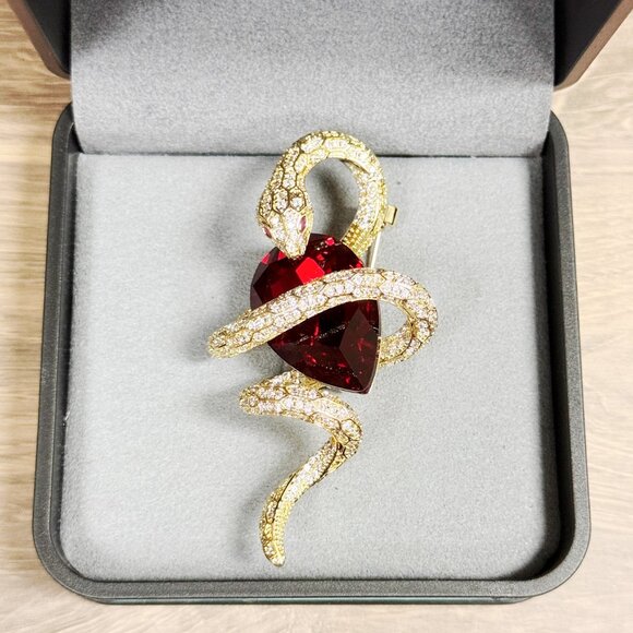 Snake Brooch Pin, Red Crystal Brooch, Gold Brooch, Crystal Statement Brooch - Picture 1 of 9